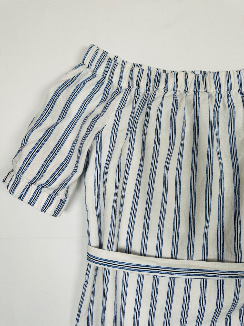 Michael Michael Kors Off Shoulder 100% Linen Mini Dress Blue White Stripe Size M - Picture 3 of 8